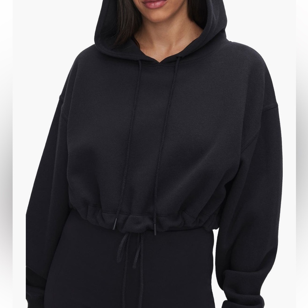 Good American Brushed Fleece Crop Hoodie Sweatshirt Black Size Medium